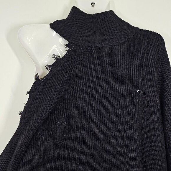 Signature8 Black Ripped Distressed Rib Knit Cold Shoulder Turtleneck Sweater S - Picture 4 of 14